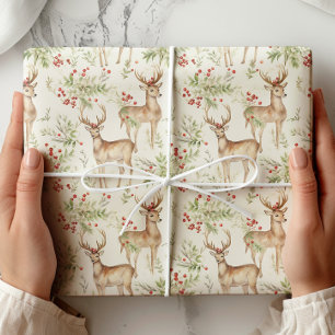 Watercolor Hjort Winter Greenery Presentpapper