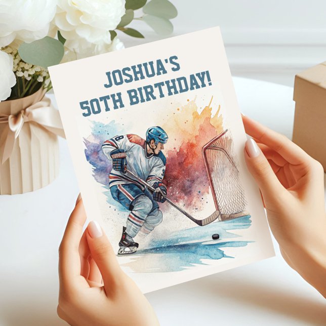 Watercolor Hockey Player Sportfantast Birthday Inbjudningar (Skapare uppladdad)
