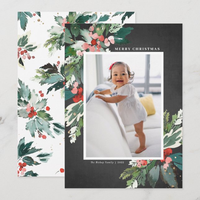 Watercolor Hollies Chalkboard God jul (Fram/baksida)