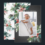 Watercolor Hollies Chalkboard God jul<br><div class="desc">Skicka din kära julhälsning den här säsongen med det vackra,  vackra,  roliga,  platta kortet. Den har vattenfärgshollier,  faux guld-folie-accents,  matchande fétive helgdag,  faux chalkboard papper och modern typografi. Texterna är helt redigerbara. Anpassa det här lilla julfotokortet genom att lägga till ditt foto,  namn och år.</div>