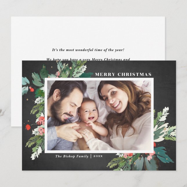 Watercolor Hollies Chalkboard-julfoto (Fram/baksida)