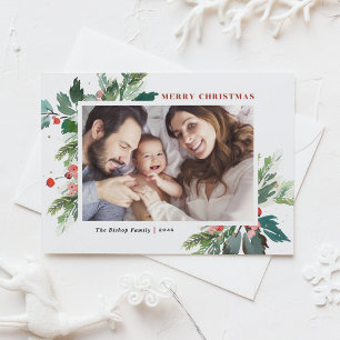 Watercolor Hollies Faux Gold Foil-julfoto Helg Vykort