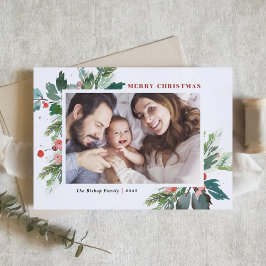 Watercolor Hollies Faux Gold Foil-julfoto Helgkort