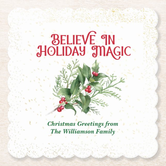 Watercolor Holly Believe Holiday Magic Christmas Underlägg Papper (Framsida)