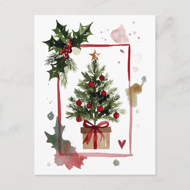 Watercolor Holly Berries Christmas Tree Holiday Helg Vykort (Framsida)