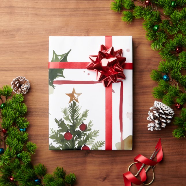 Watercolor Holly Berries Christmas Tree Holiday Presentpapper (Julgåva)