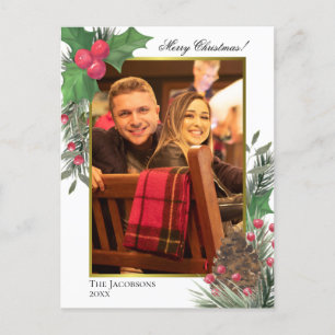 Watercolor Holly Berries Gräs Cone & Grönts Photo Helg Vykort