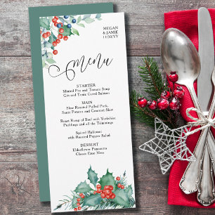 Watercolor Holly Berries och Gräs Winter Wedding Meny
