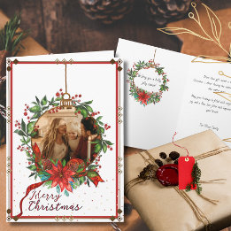 Watercolor Holly Berry Christmas Wreath Photo Card Helgkort