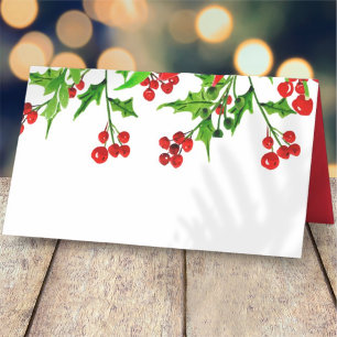 Watercolor Holly Berry Foliage   HELGDAG Placeringskort