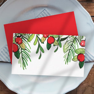 Watercolor Holly Berry Foliage   HELGDAG Placeringskort
