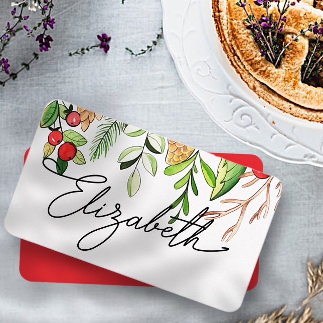 Watercolor Holly Berry Foliage | HELGDAG Placeringskort (Skapare uppladdad)