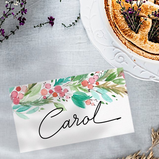 Watercolor Holly Berry Foliage | HELGDAG Placeringskort (Skapare uppladdad)