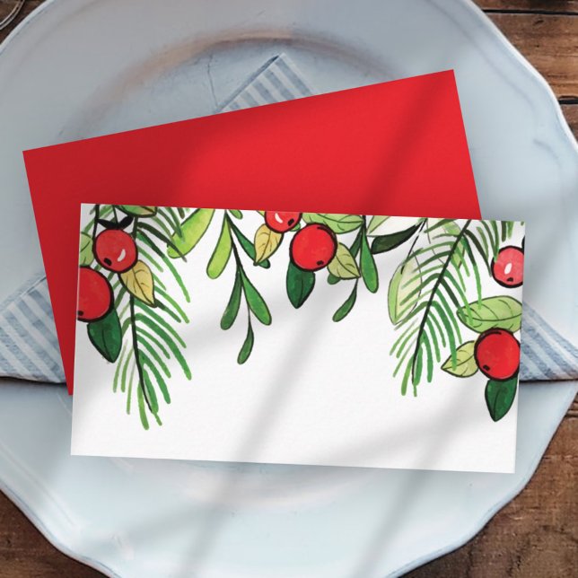 Watercolor Holly Berry Foliage | HELGDAG Placeringskort (Skapare uppladdad)