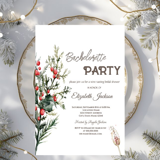 Watercolor Holly Berry Greenery Bachelorette Inbjudningar (Skapare uppladdad)