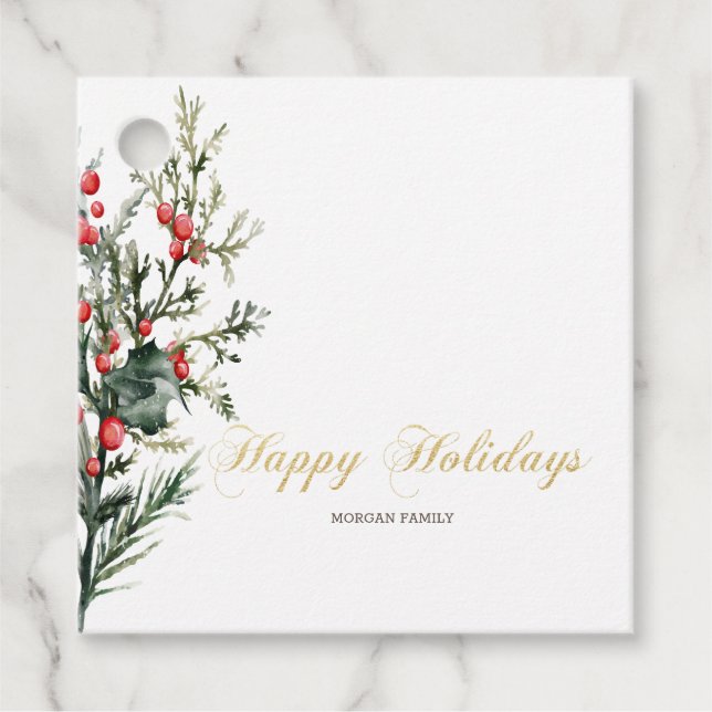 Watercolor Holly Berry Greenery Gåvor Etiketter (Framsida)