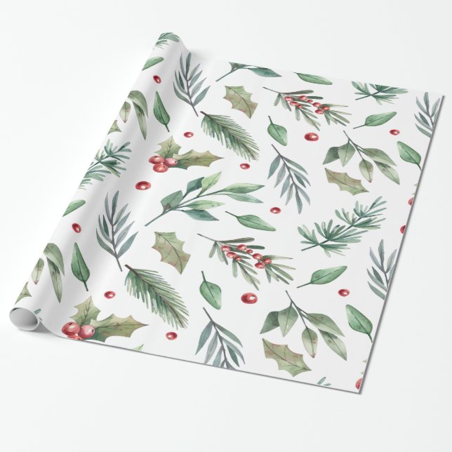 Watercolor Holly Berry Greenery Presentpapper (Utrullad)
