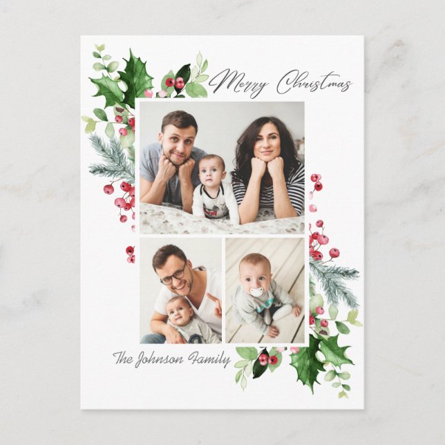 Watercolor Holly Berry jul 3 PHOTO Hälsning Vykort (Framsida)