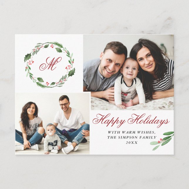 Watercolor Holly Berry jul 3 PHOTO Hälsning Vykort (Framsida)