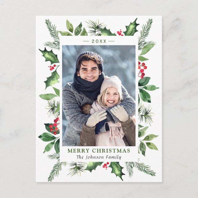 Watercolor Holly Berry jul PHOTO Helgdag Vykort (Framsida)