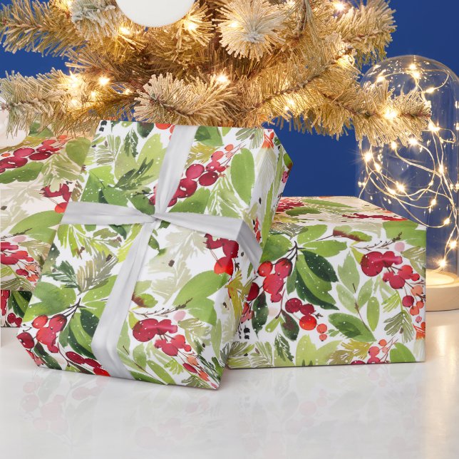 Watercolor Holly Berry Jul Wrapping Papper Presentpapper (Helgdagar)