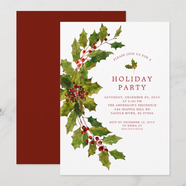 Watercolor Holly Berry, Julfest till jul Inbjudningar (Fram/baksida)
