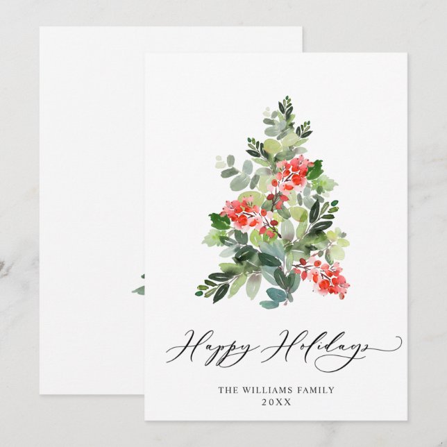 Watercolor Holly Berry Julgran Hälsning Julkort (Fram/baksida)