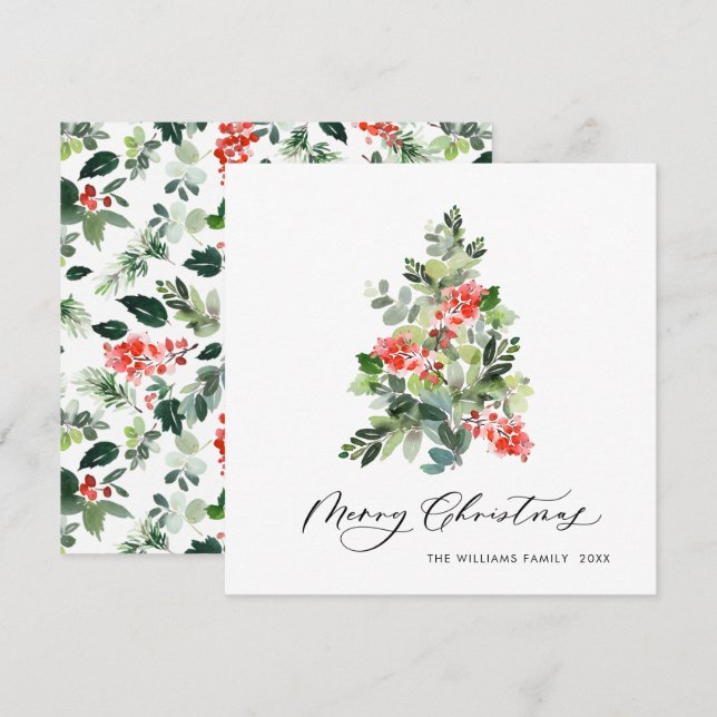 Watercolor Holly Berry Julgran Hälsning Julkort (Fram/baksida)