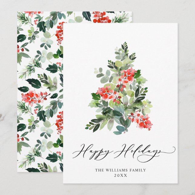 Watercolor Holly Berry Julgran Hälsning Julkort (Fram/baksida)