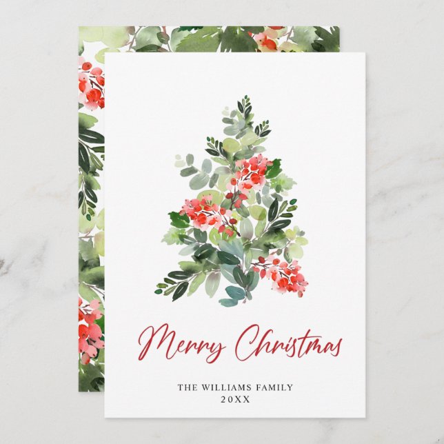 Watercolor Holly Berry Julgran Hälsning Julkort (Fram/baksida)