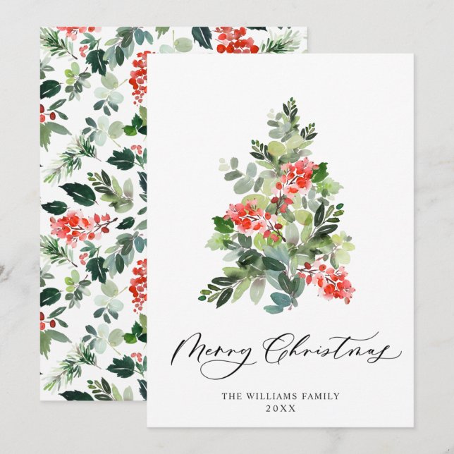 Watercolor Holly Berry Julgran Hälsning Julkort (Fram/baksida)