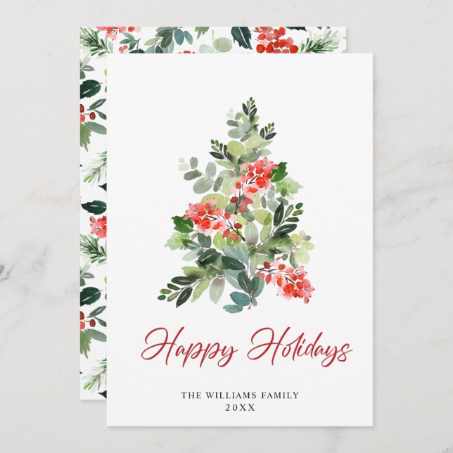 Watercolor Holly Berry Julgran Hälsning Julkort (Fram/baksida)