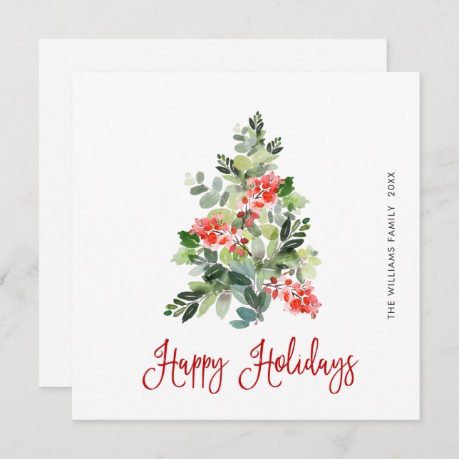 Watercolor Holly Berry Julgran Hälsning Julkort (Fram/baksida)