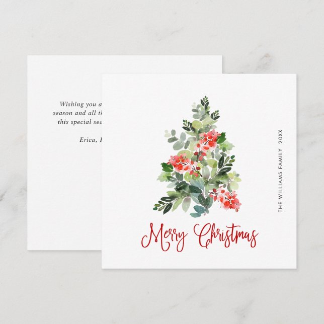 Watercolor Holly Berry Julgran Hälsning Julkort (Fram/baksida)