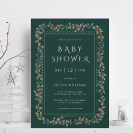 Watercolor Holly Berry Ram Boy Shower Grönt Inbjudningar