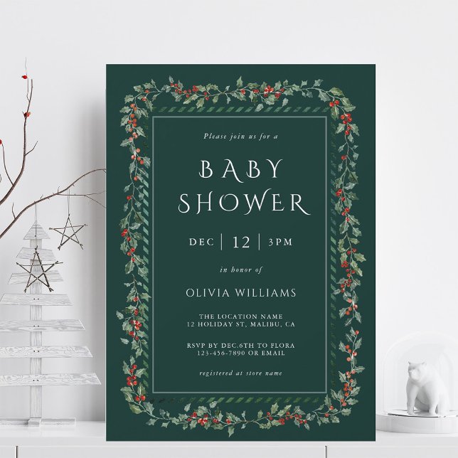 Watercolor Holly Berry Ram Boy Shower Grönt Inbjudningar (Skapare uppladdad)
