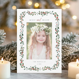 Watercolor Holly Berry Ram Merry & Bright Photo Julkort