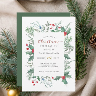 Watercolor Holly Christmas Celebration Invitation Inbjudningar