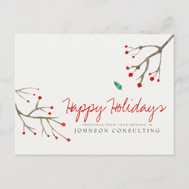 Watercolor Holly Foliage | Dagshälsningar Helg Vykort (Framsida)