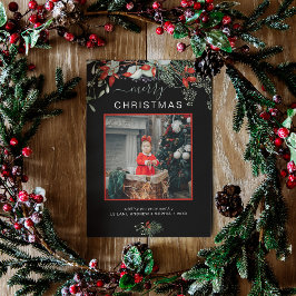 Watercolor Holly God jul Photo Black Julkort
