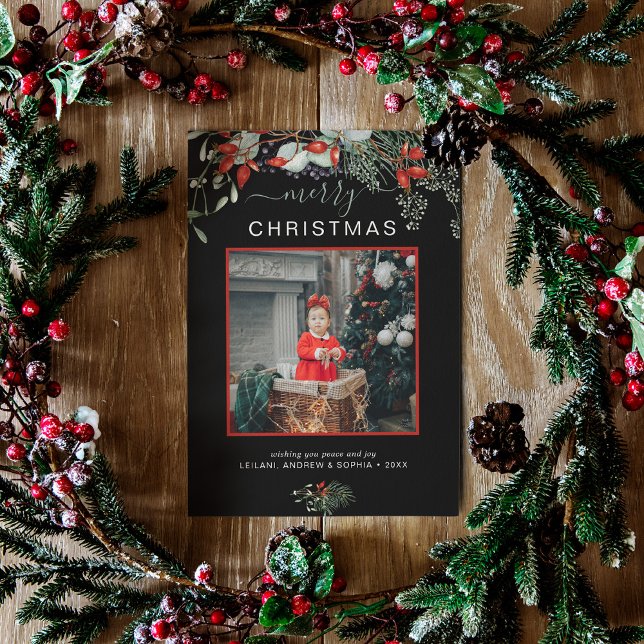 Watercolor Holly God jul Photo Black Julkort (You will love these beautiful Christmas cards! They feature botanical watercolor pine and berries.)