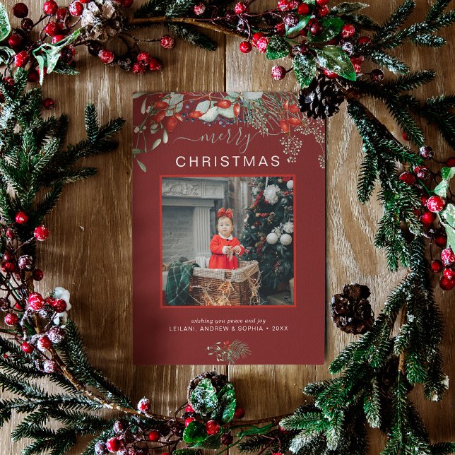 Watercolor Holly God jul Photo Burgundy Julkort (You will love these beautiful Christmas cards! They feature botanical watercolor pine and berries.)