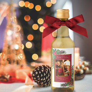 Watercolor Holly & Gräs God jul Photo Mini Vinetikett