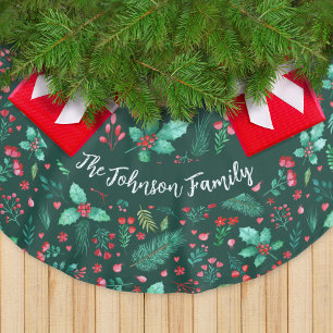 Watercolor Holly, Gräs, Red Berries + Family Namn Julgransmatta Borstad Polyester