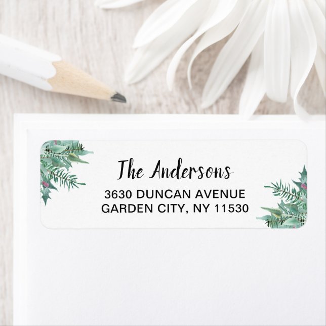 Watercolor Holly Greenery Julens Returadress Etikett (Insitu)
