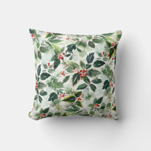 Watercolor Holly Greenery Mönster jul Kudde