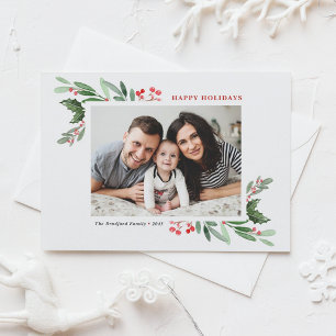 Watercolor Holly Greenery Photo Glad helg Vykort