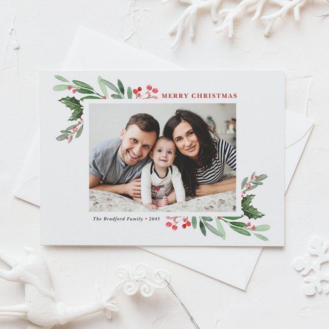 Watercolor Holly Greenery Photo God jul Helg Vykort (Customizable photo Christmas postcard featuring watercolor red winterberry and greenery)