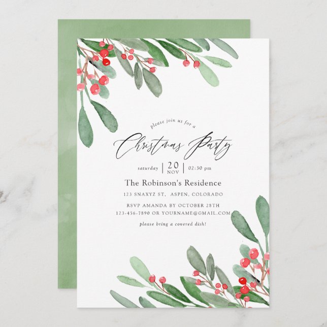 Watercolor Holly Jolly jul Party Inbjudningar (Fram/baksida)
