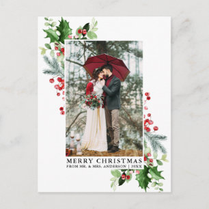 Watercolor Holly jul Greenery Bröllop Photo Vykort